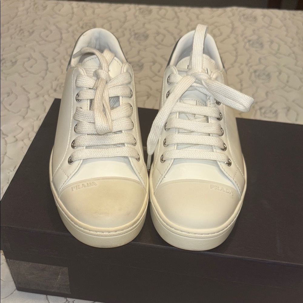 Prada White and Silver Logo Sneakers - Picture 3 of 6